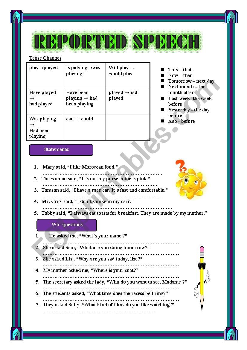 reported speech updated  worksheet