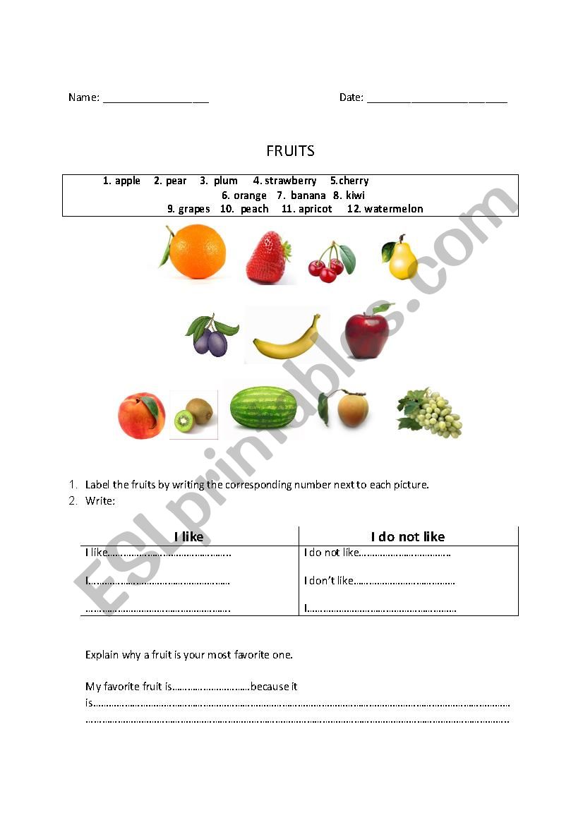  Fruits worksheet