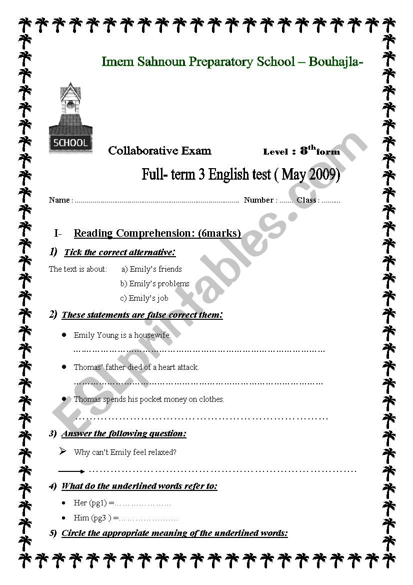 end term 8th test worksheet