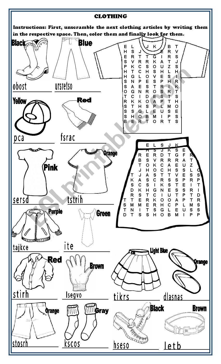 Clothing, Coloring and Unscramble and Crossword Puzzle: 3 Activities in 1 Page