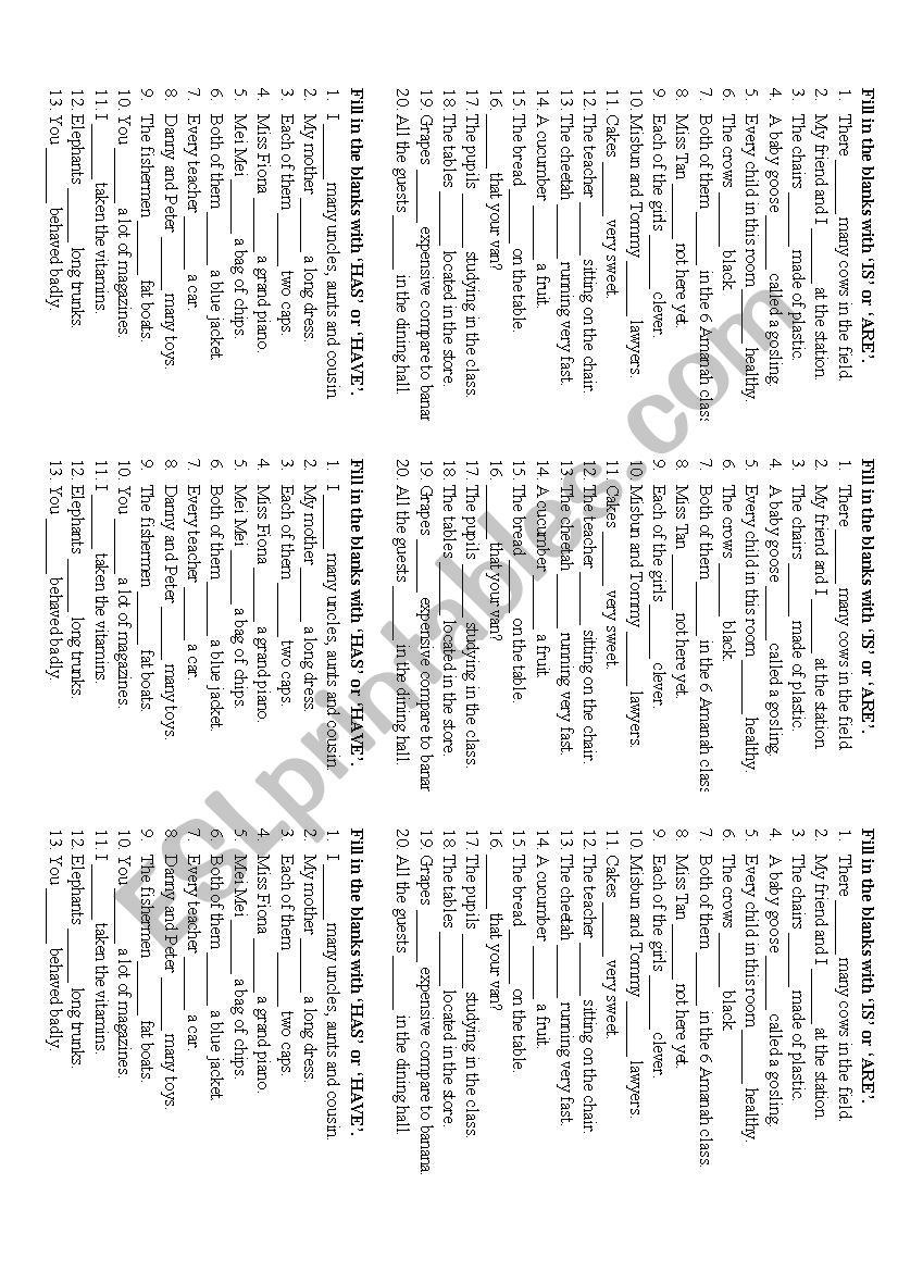 Suject Verb Agreement worksheet