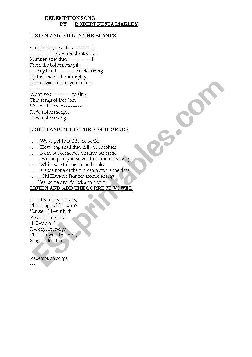 Redemption song reuploaded  worksheet