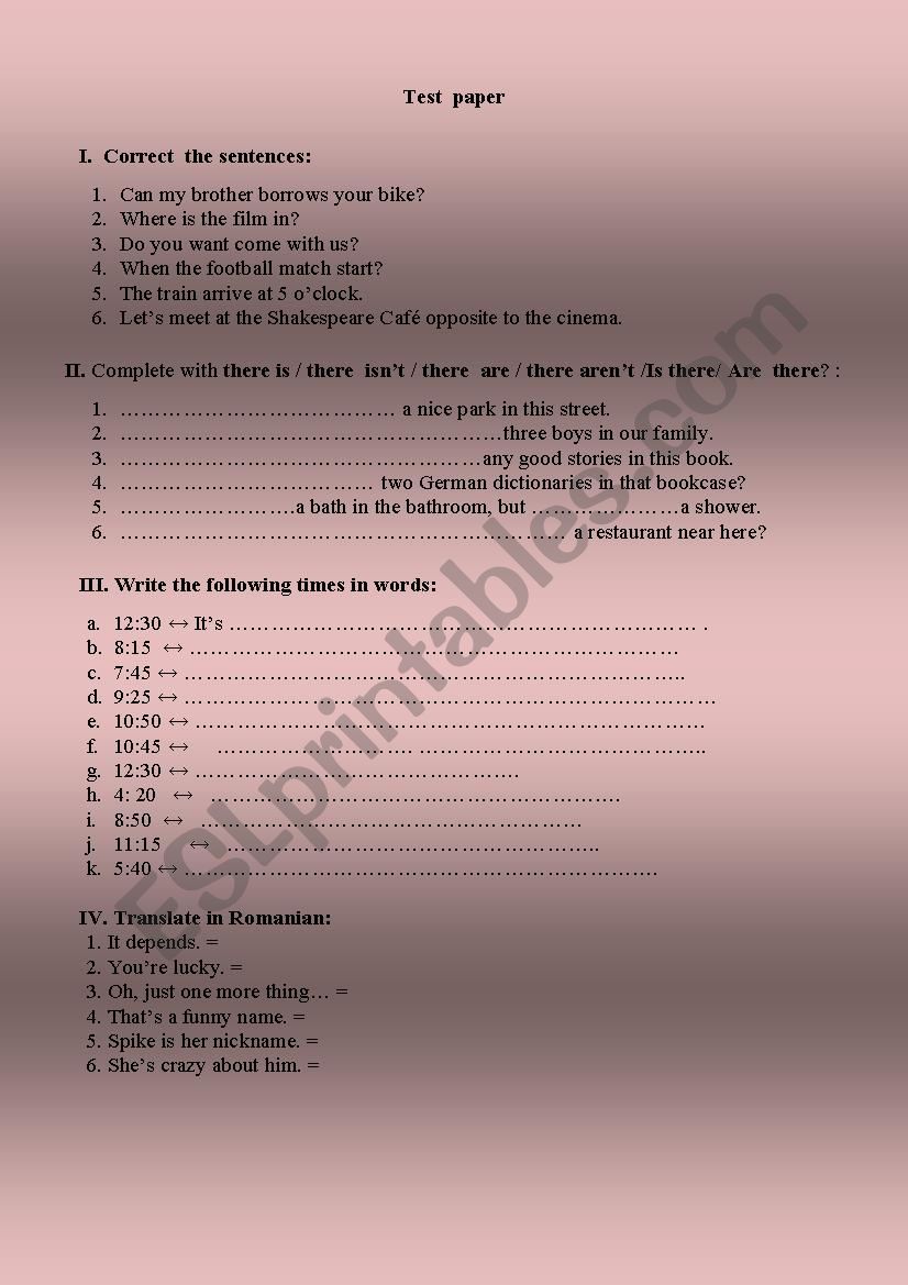 Test Paper for the 5th grade worksheet