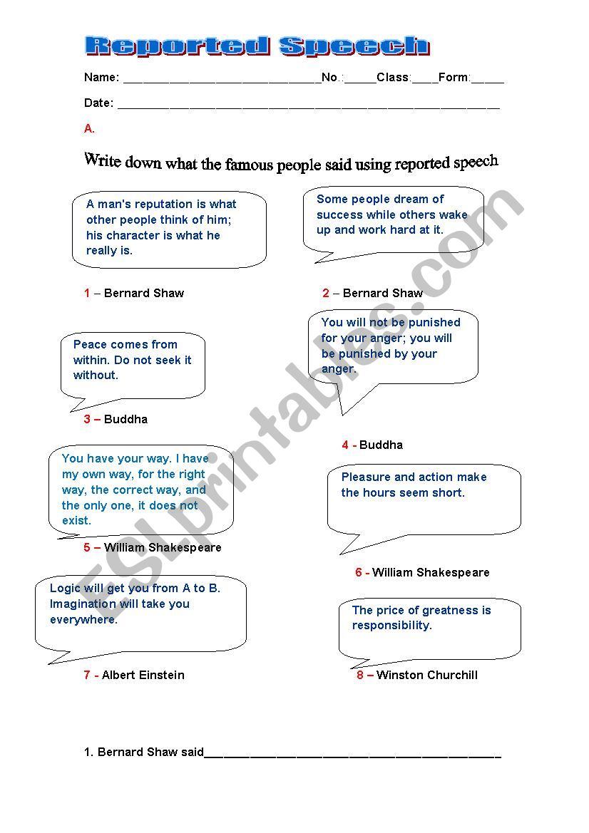 REPORTED SPEECH worksheet