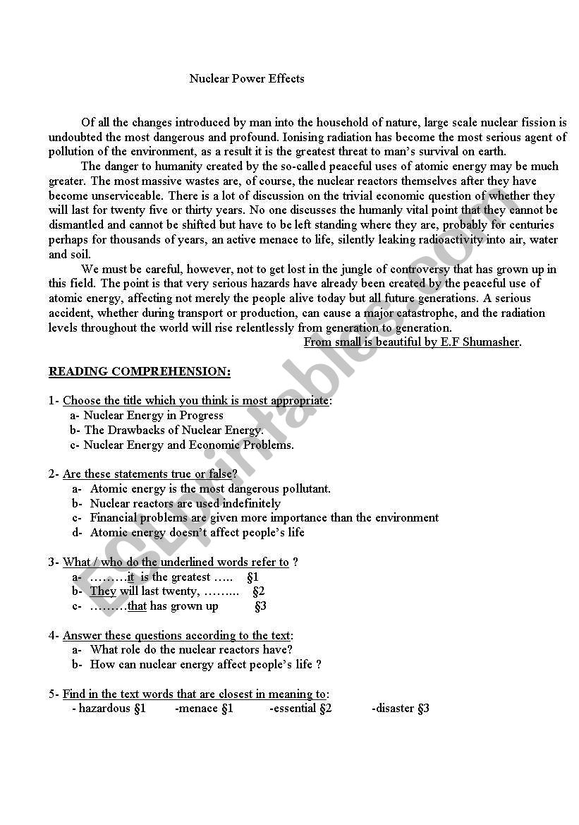 Nuclear Power Effects worksheet