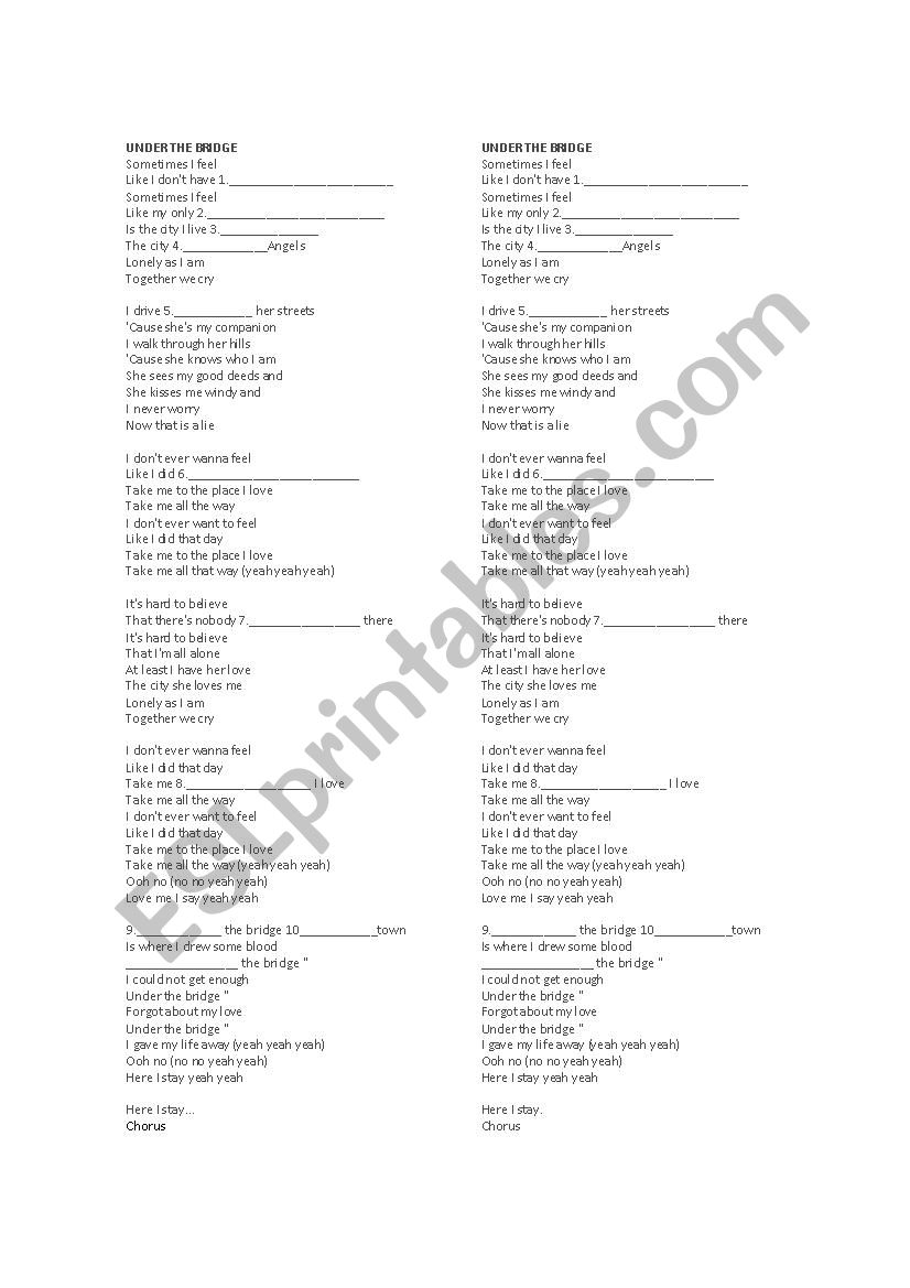 Under the bridge song worksheet
