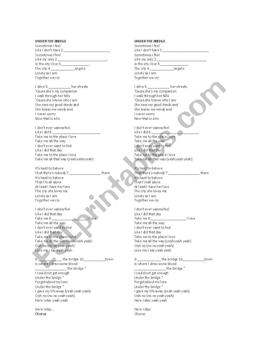 Under the bridge song worksheet