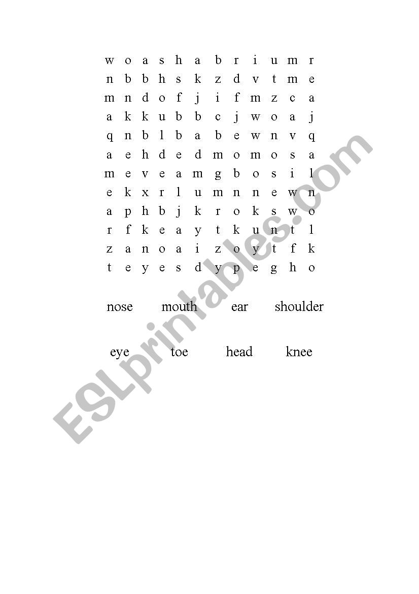 body part wordsearch worksheet