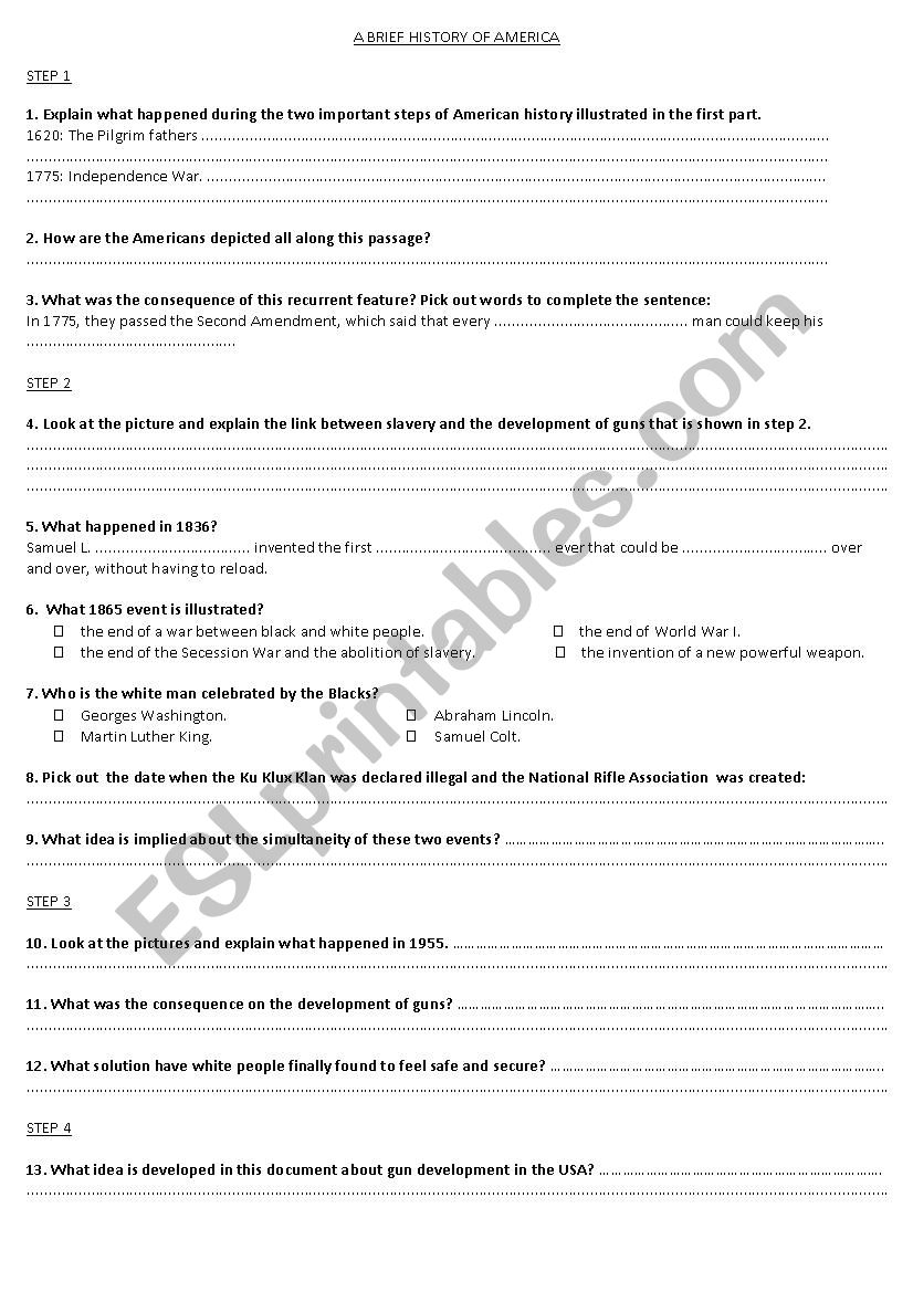 a brief history of America worksheet