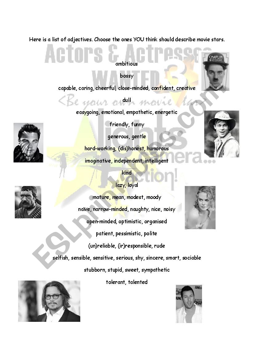 Movie stars qualities worksheet