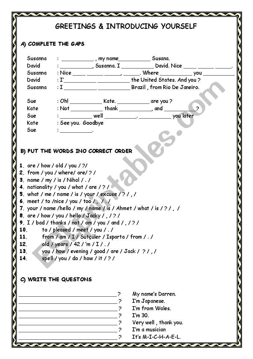 GREETINGS AND INTRODUCTION WORKSHEET FOR BEGINNER LEARNERS OF ENGLISH