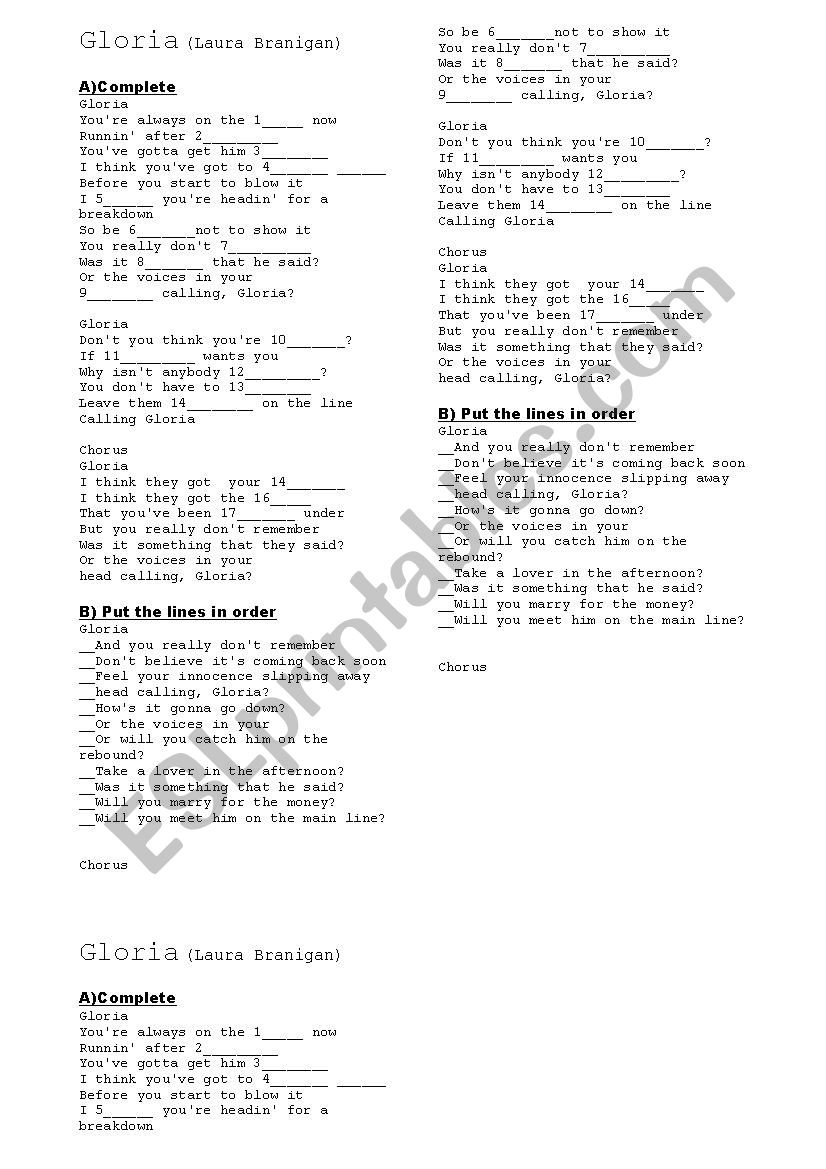 Gloria worksheet