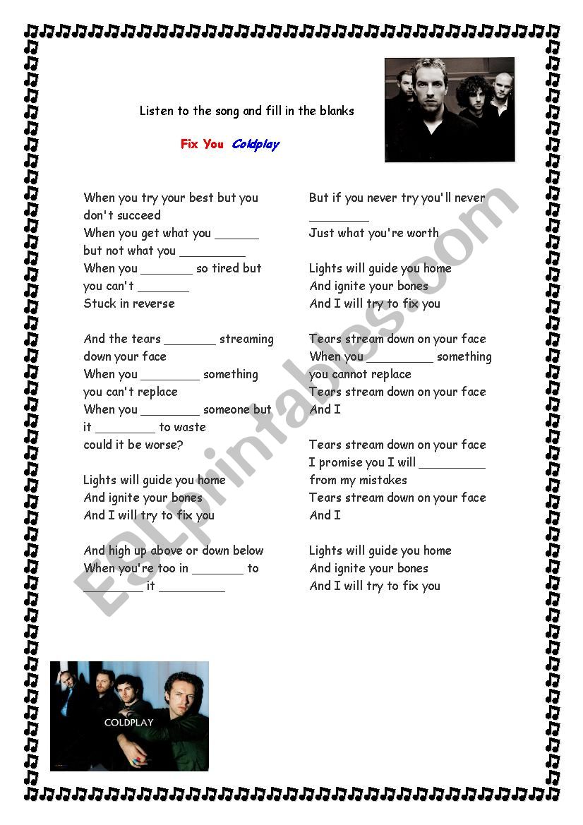 Fix you - Coldplay worksheet