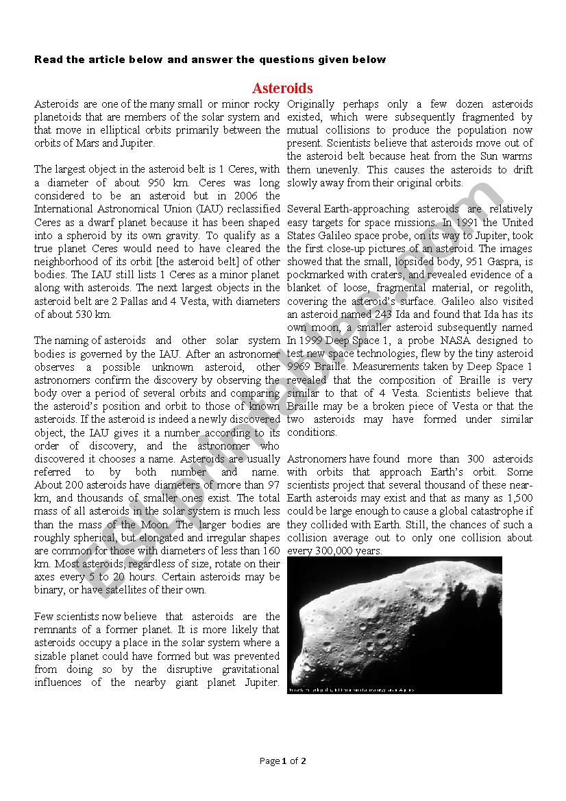 Asteroids worksheet