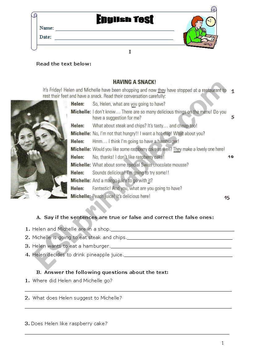 English test 8th grade (Food) worksheet