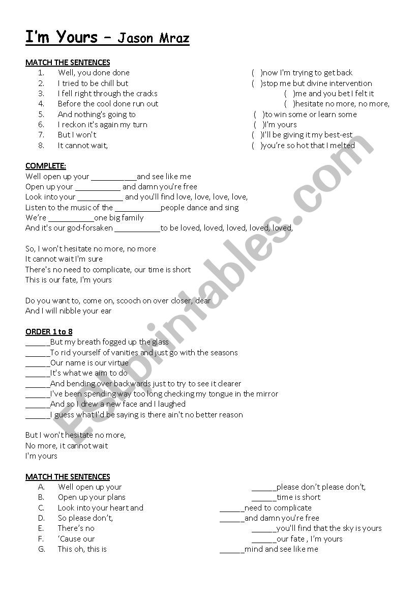 I´m Yours - ESL worksheet by yass88