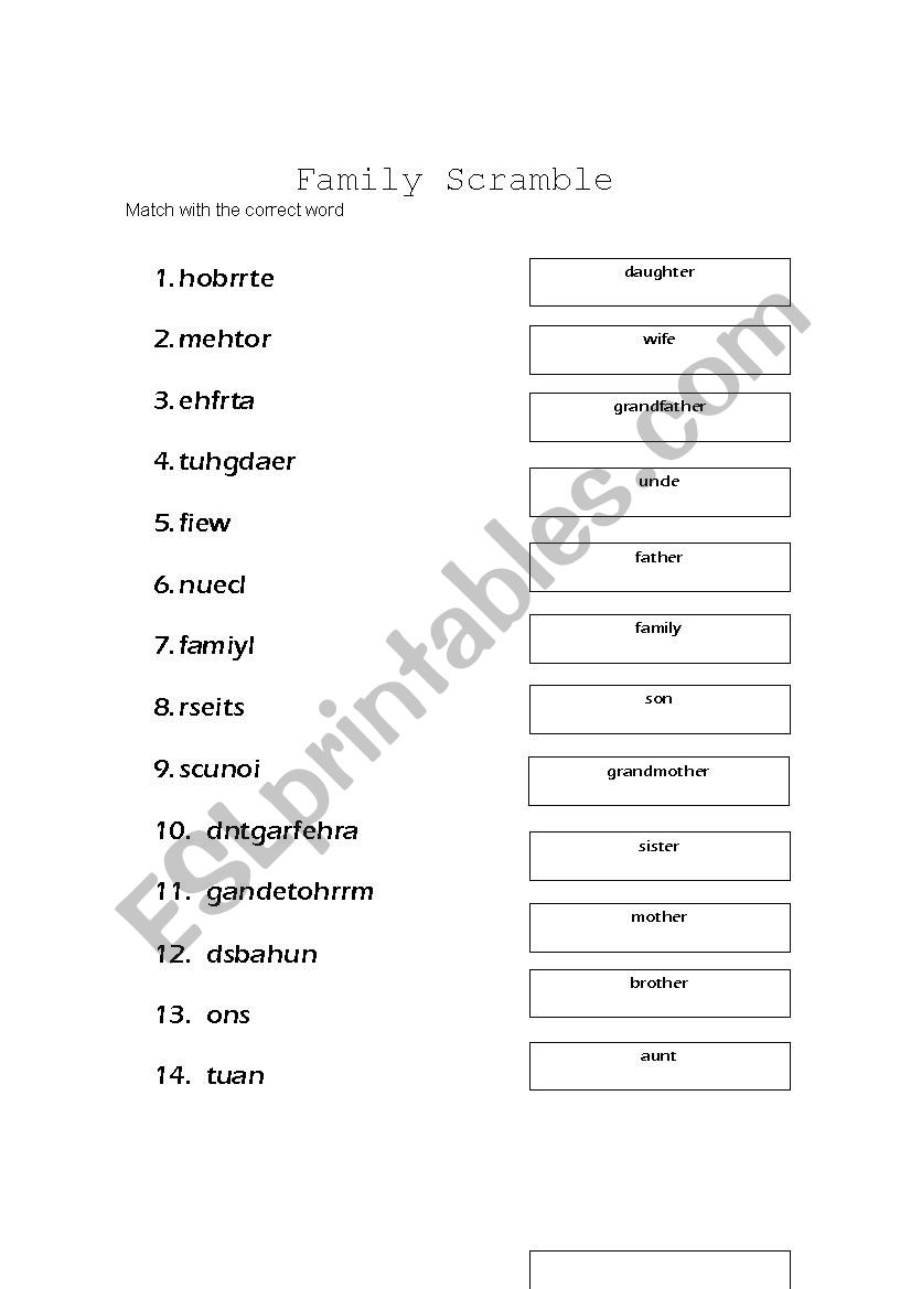 Family scramble worksheet