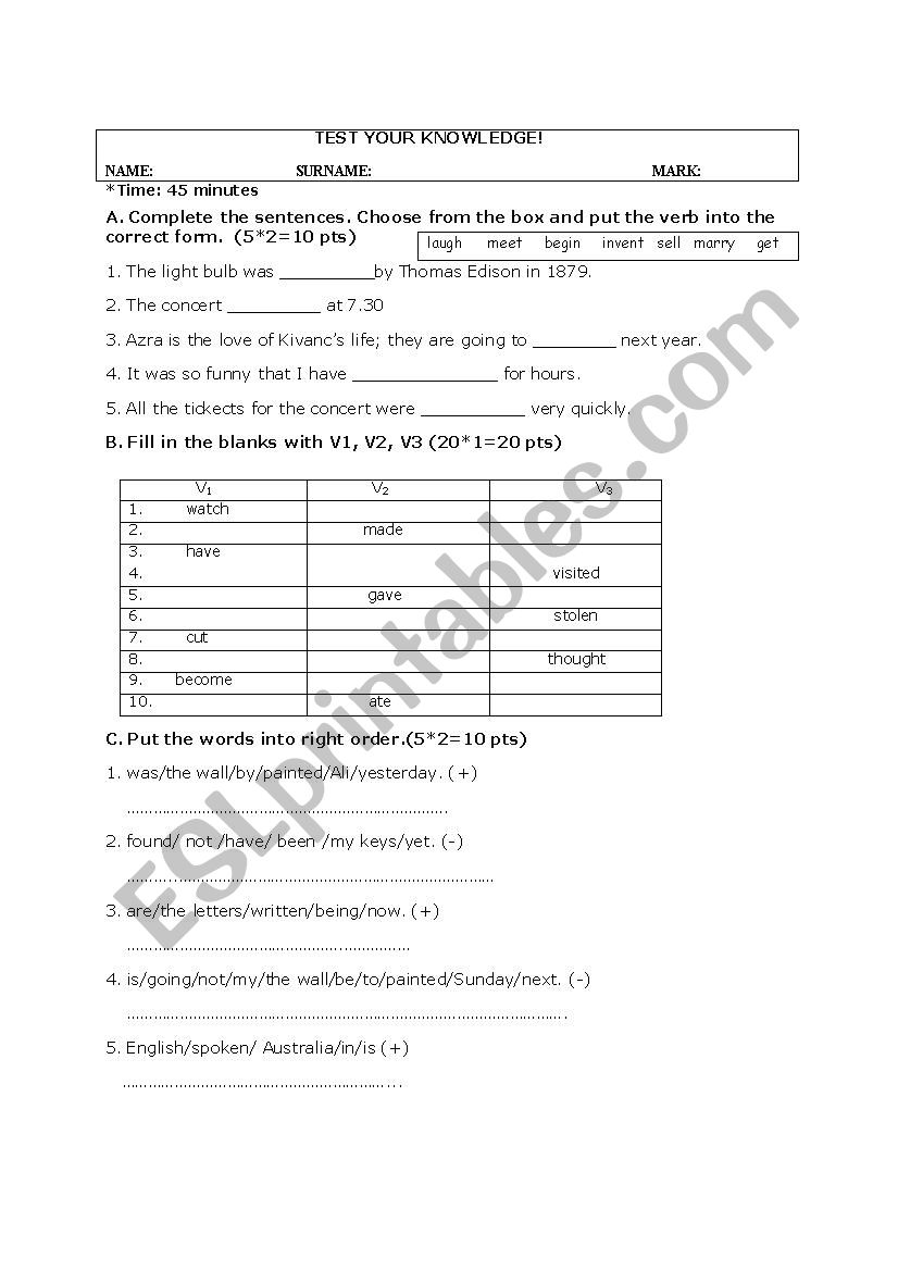 Test Your Knowledge! worksheet