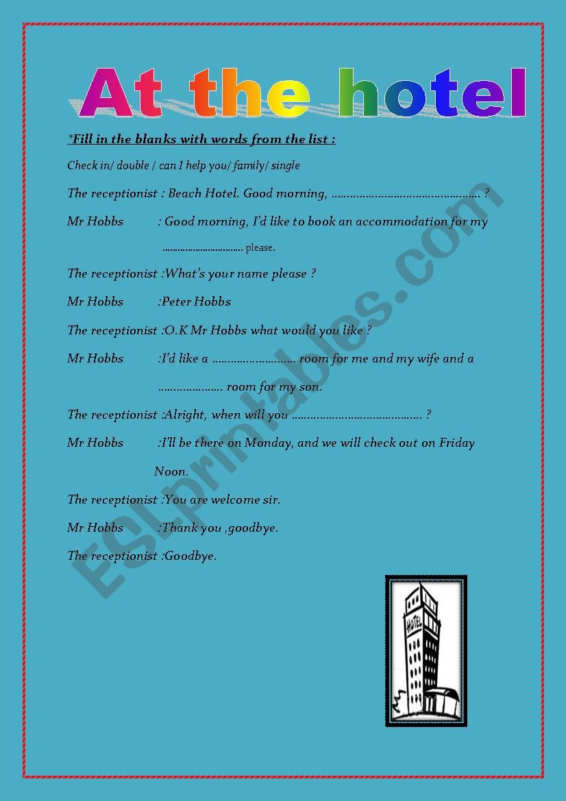At the hotel worksheet