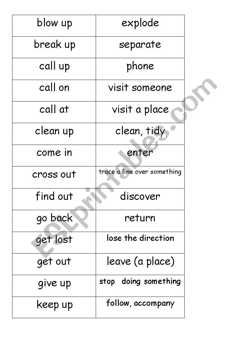 Phrasal verbs memory game worksheet