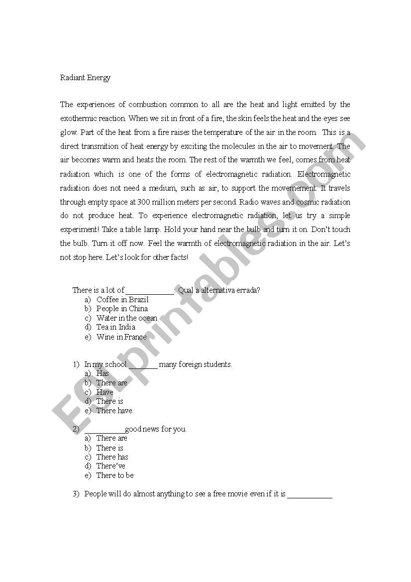 Radiant Energy worksheet