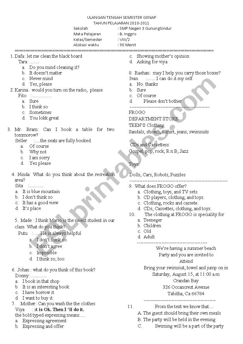 final test junior high school worksheet