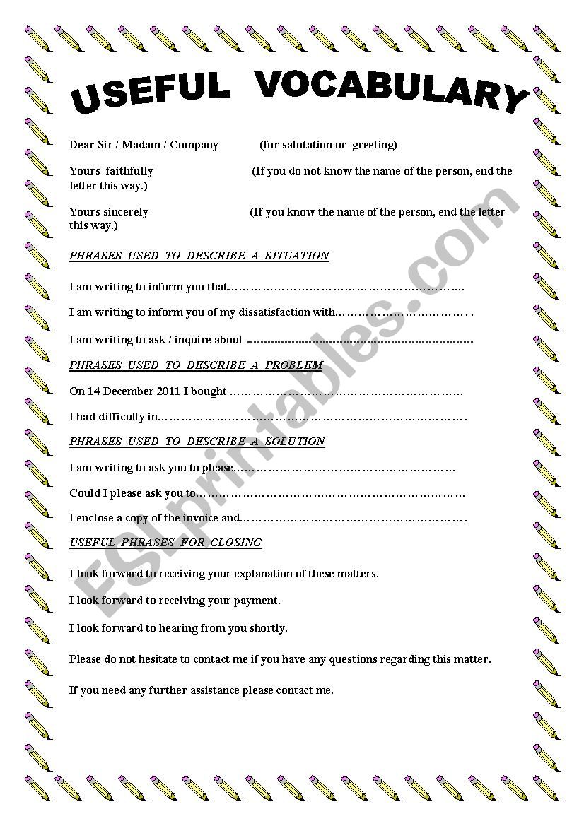 Useful phrases and words while writing a complaint letter