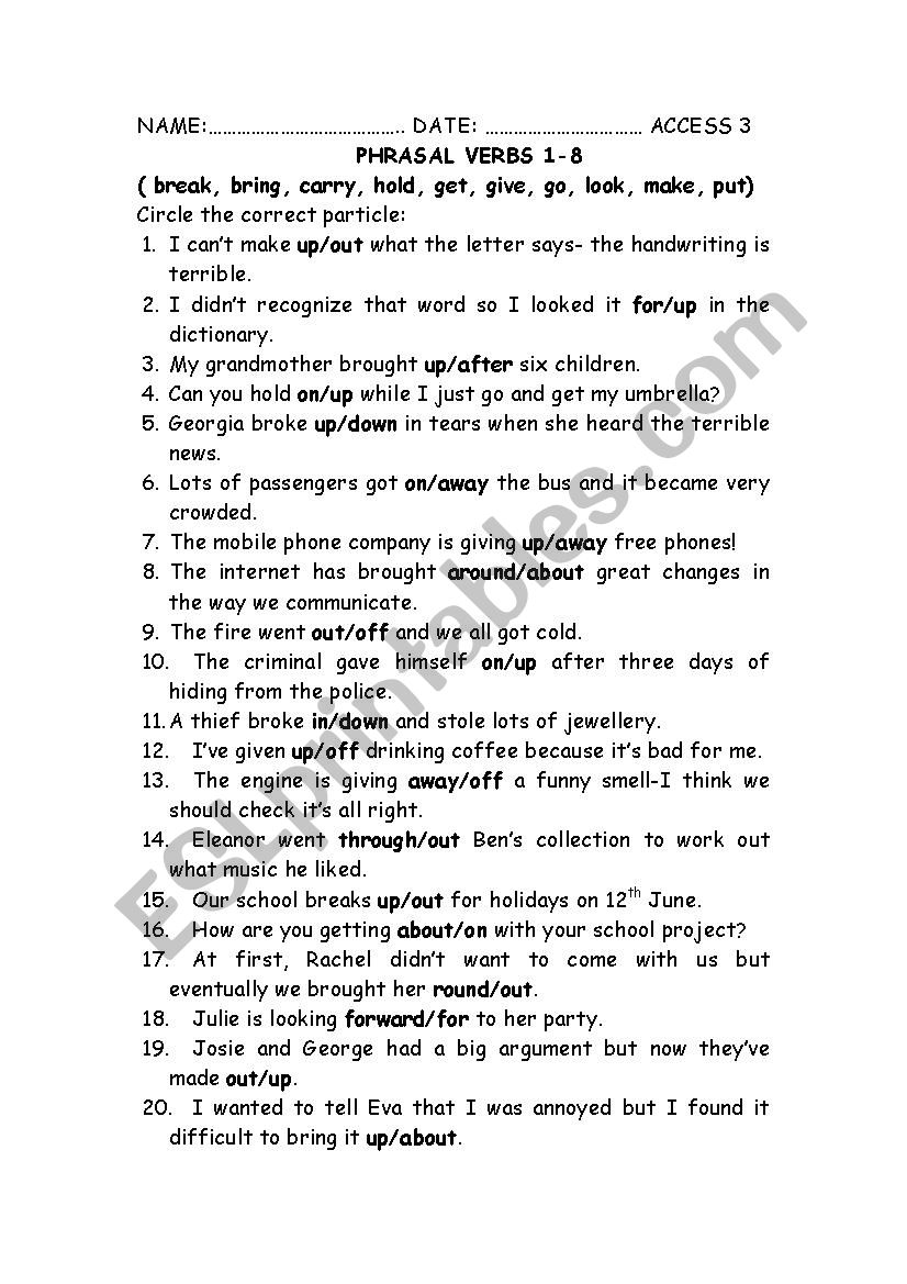 TEST ON PHRASAL VERBS worksheet