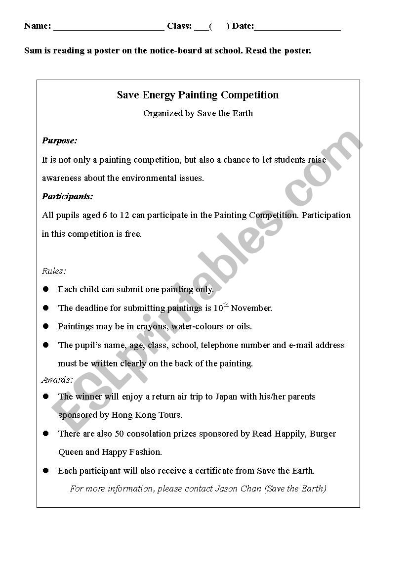 Poster-reading comprehension worksheet