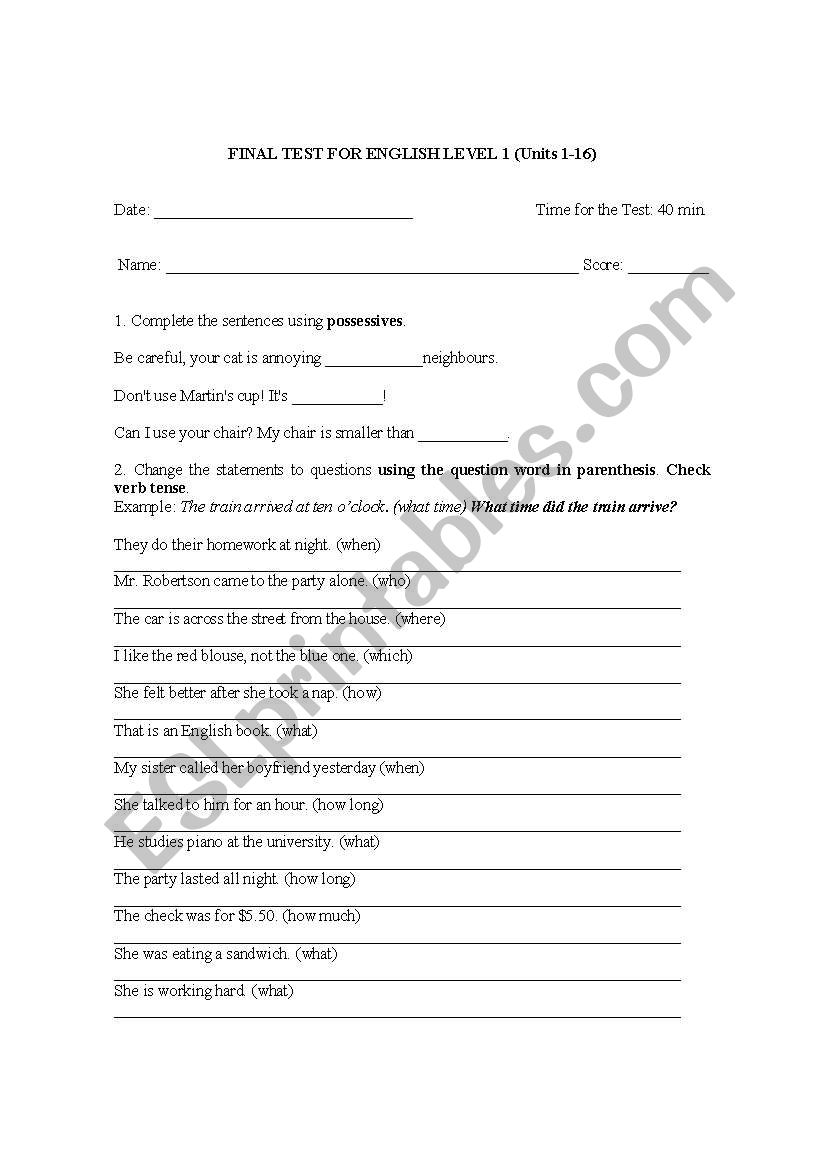 Level 1 test worksheet
