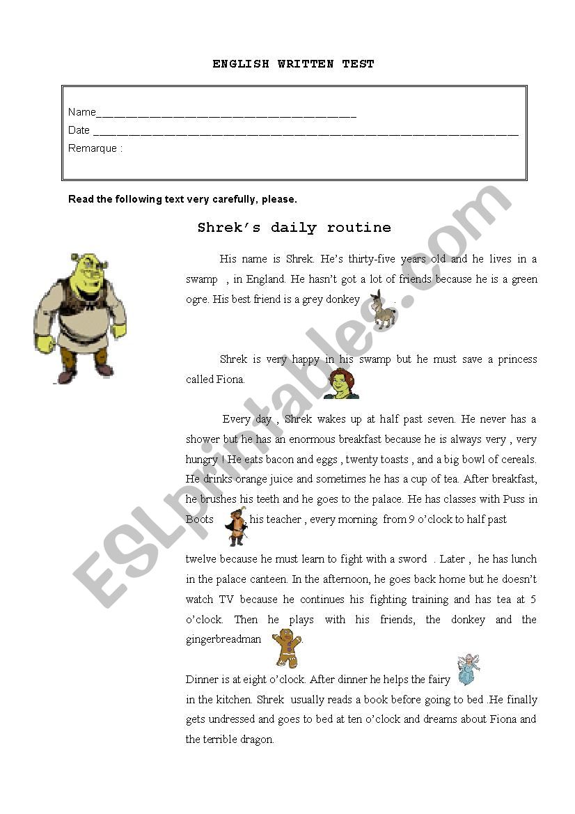 ShrekÂ´s routine worksheet