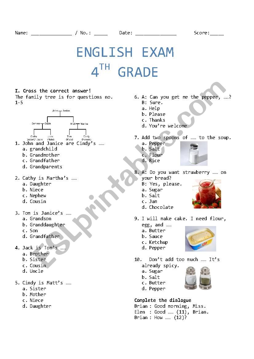 4th grade Exam worksheet