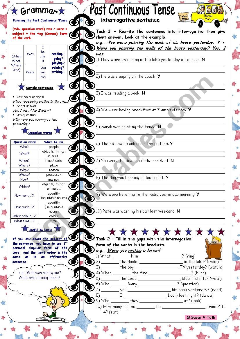 Past Continuous Tense-interrogative sentences *** with grammar & key & B&W