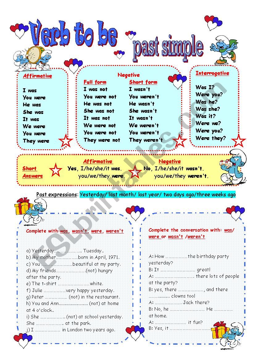 Past Verb To Be Worksheets