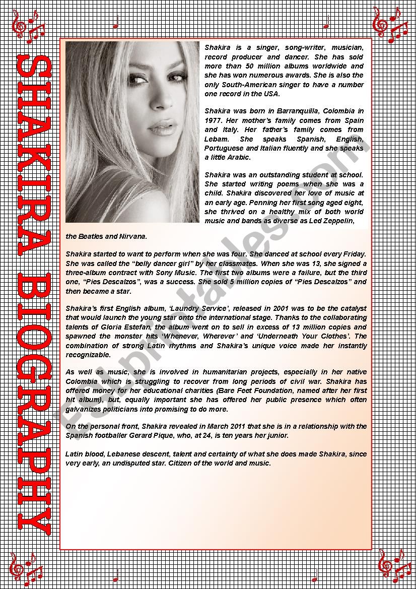 ShakiraÂ´s Biography + Activities