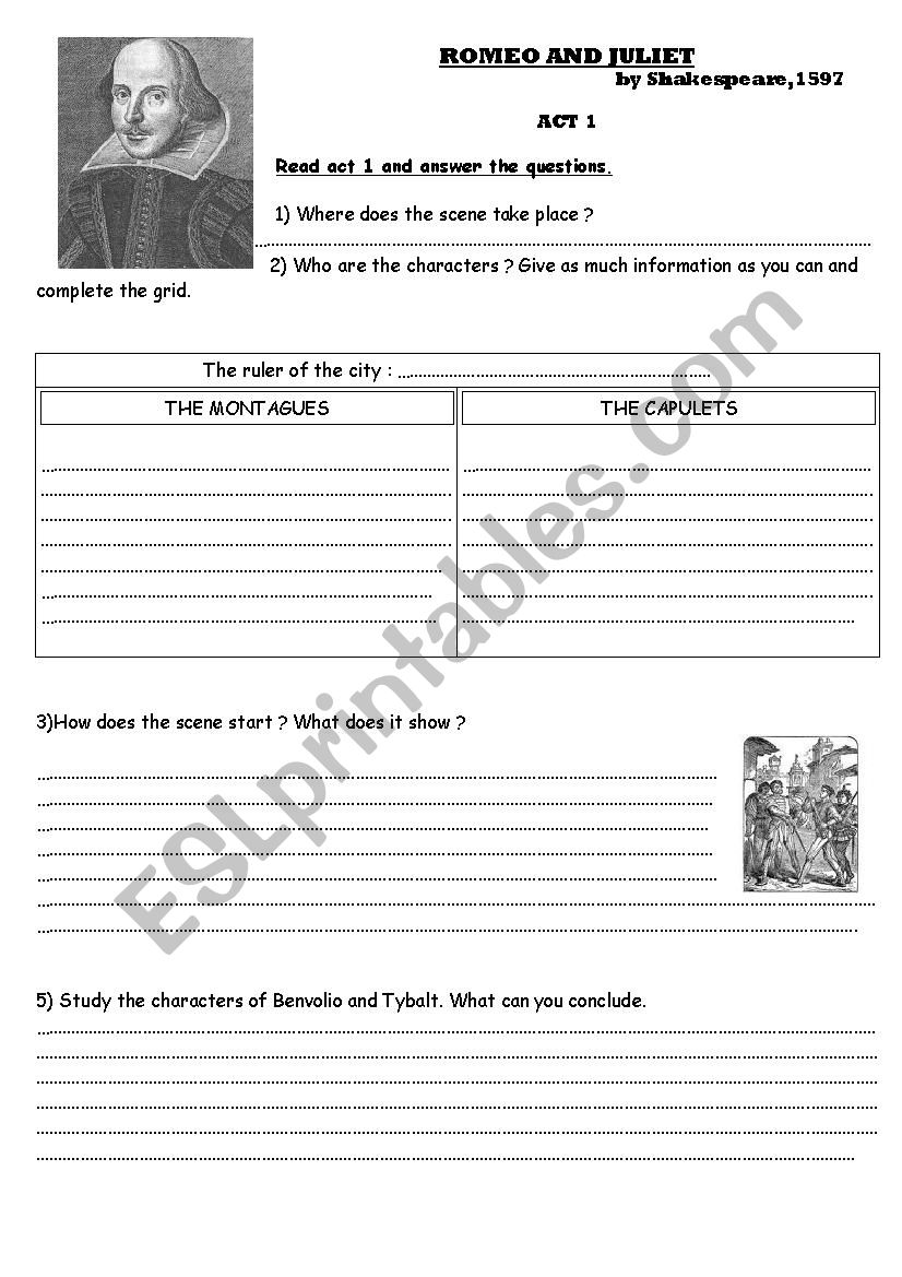 Romeo and Juliet worksheet for act 1