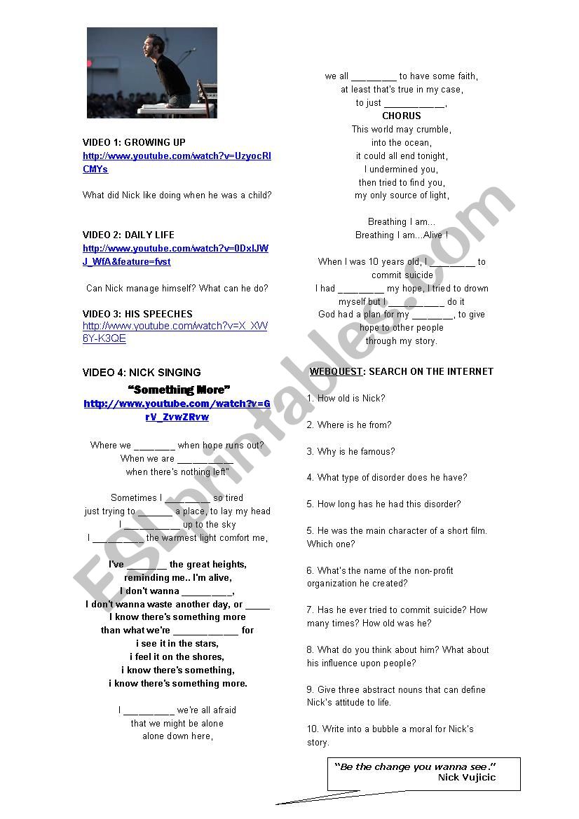 Nick Vujicic worksheet