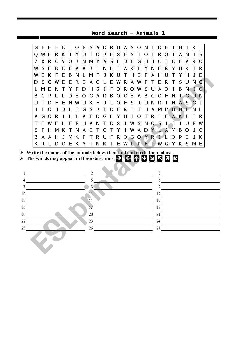 wordsearch-animals part 1 worksheet