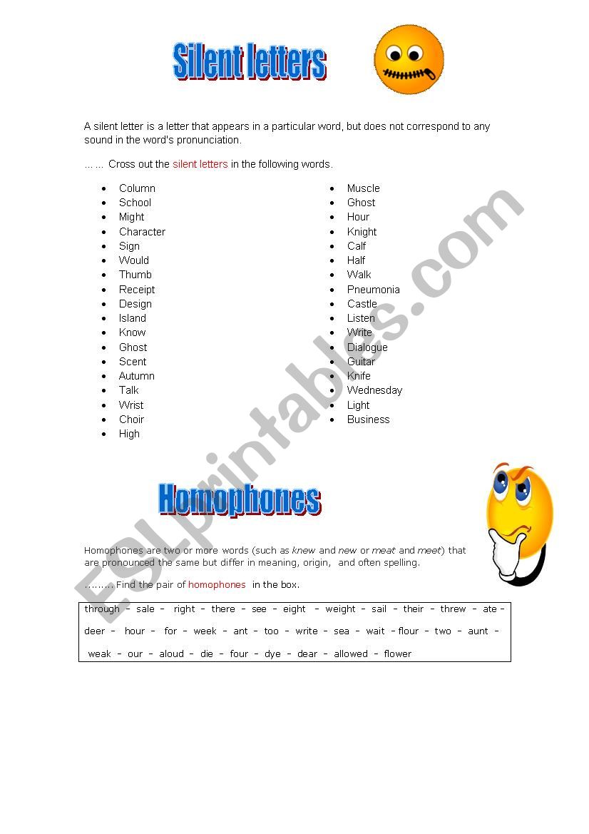 Silent letters and homophones worksheet