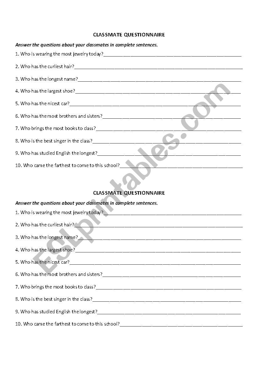 Classmate Questionaire worksheet