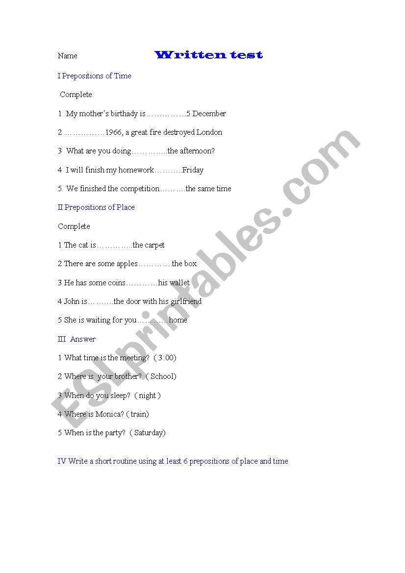 prepositions of place and time exam