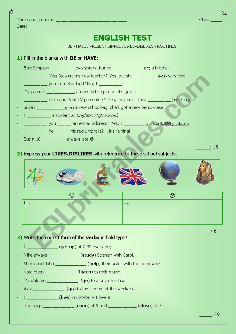 TEST: to be - to have - s. present