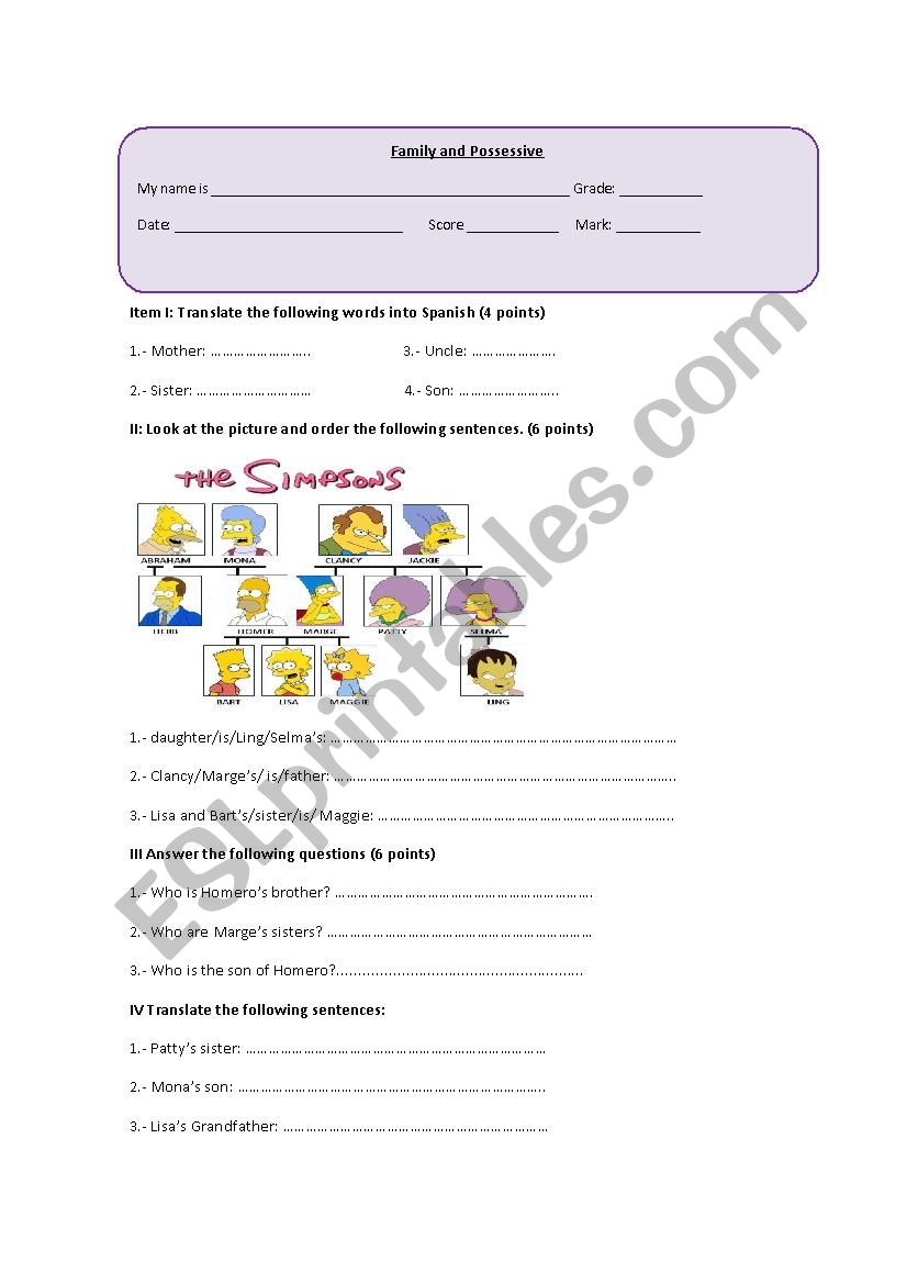 Family and Possessive worksheet