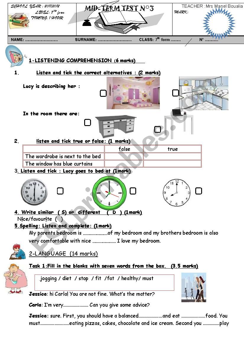 mid term test 3  for 7TH  form