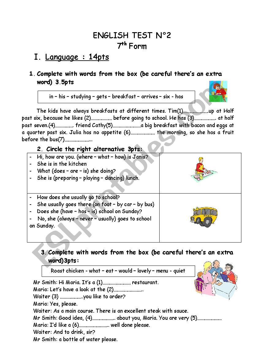 English Test 7th Grade N 2 ESL Worksheet By Ammour