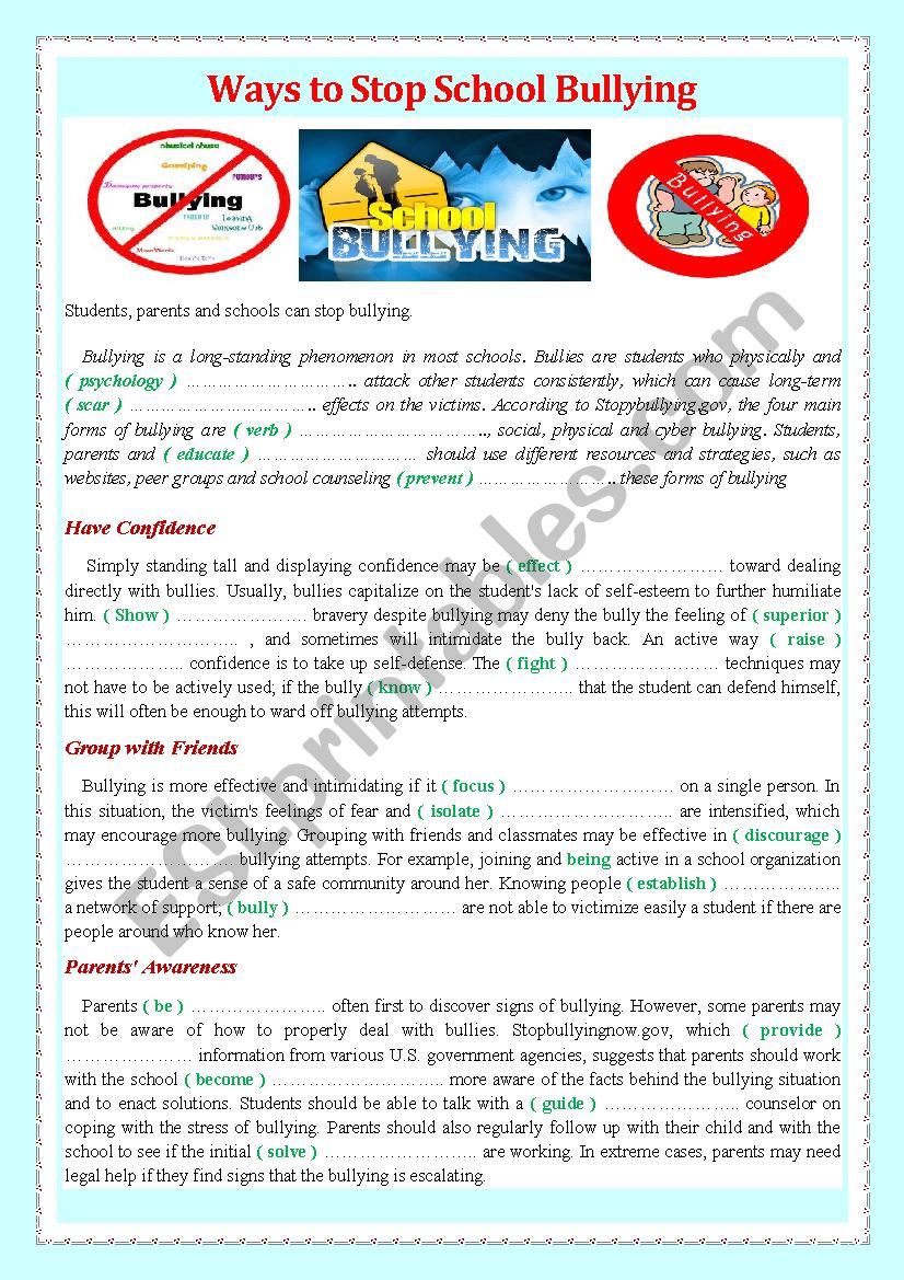 Ways to Stop School Bullying worksheet