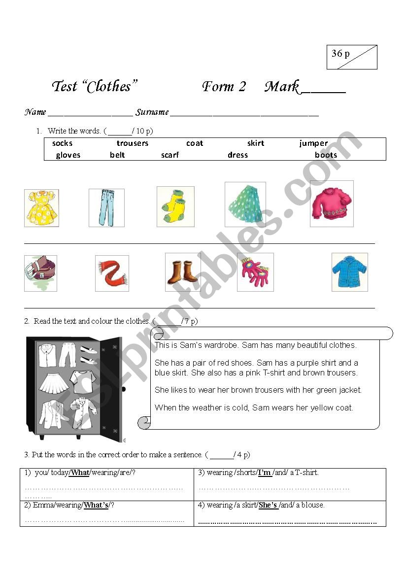 Clothes Test worksheet