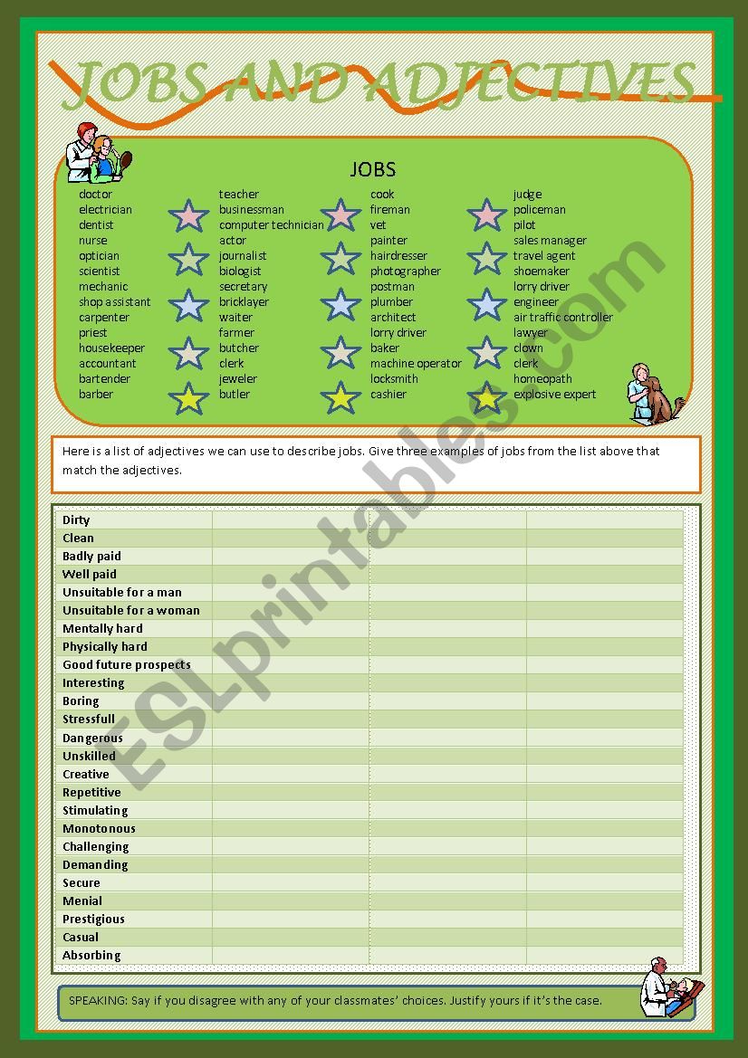 Jobs and adjectives worksheet