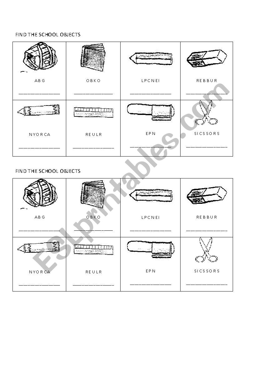 Find the School Objects worksheet