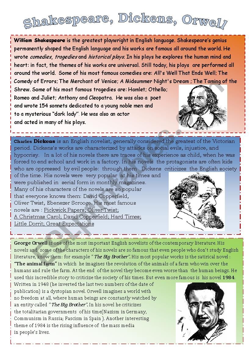 Shakespeare, Dickens, Orwell worksheet